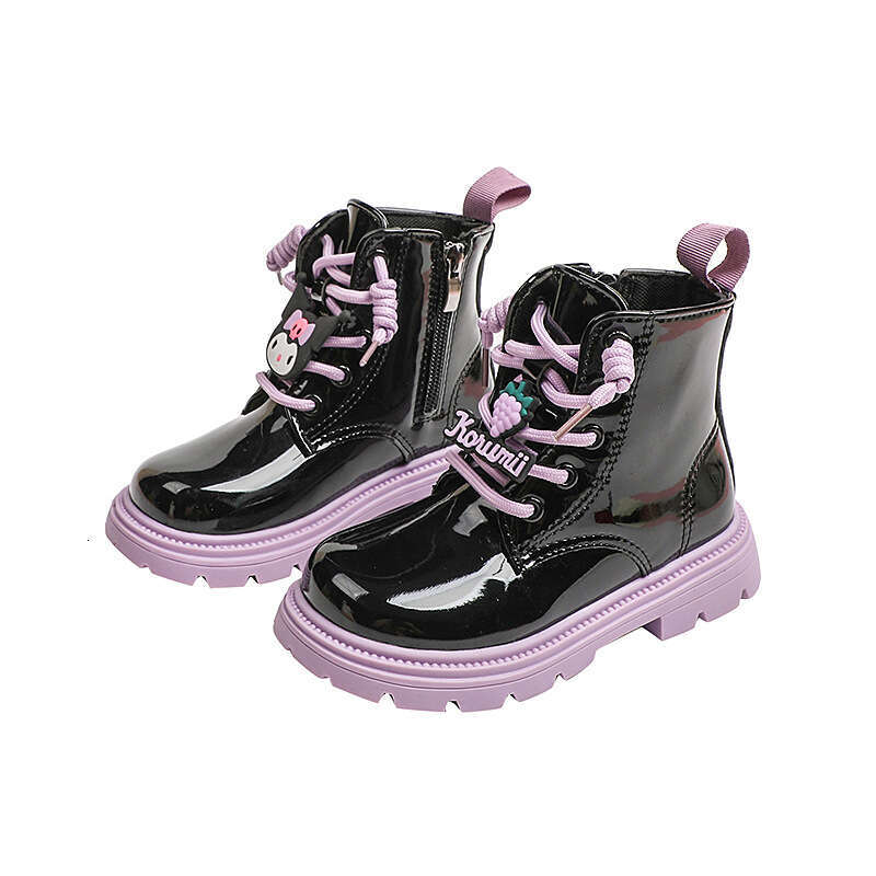 Shoes 2024 Autumn New Korean Style Patent Glossy Cartoon Girls' High-top Leather Children's Martin Boots