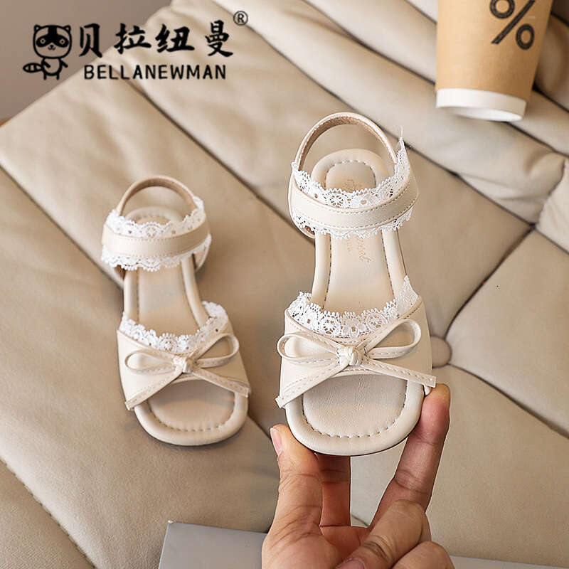 French Style One-Strap Bow Princess 2025 Summer New Children's Lace Edge Soft Sole Sandals