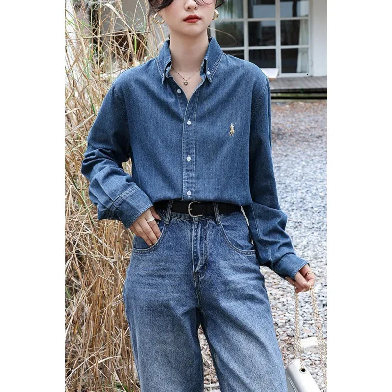 2024 American Style Vintage Denim Shirt Womens Zhengxiu Crystal Same Small Horse Embroidery Casual Jacket 250704