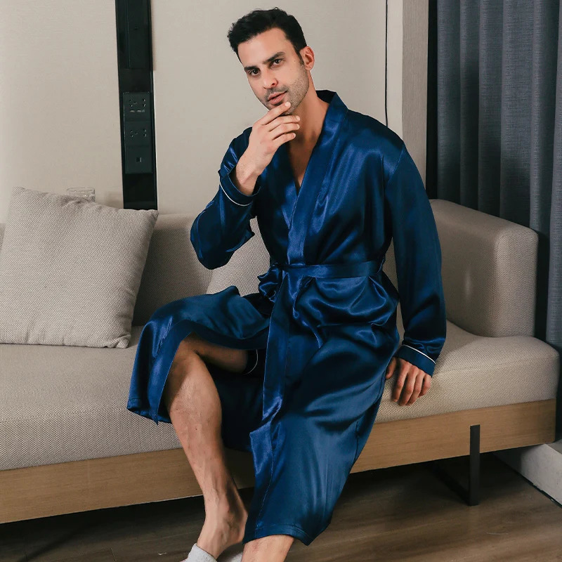 Pajama mens spring and autumn silk thin style oversized pajamas long sleeved bathrobes ice silk bathrobes home clothing summer 250710
