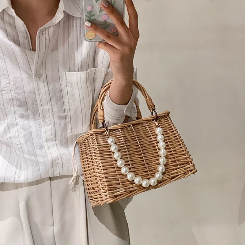 Straw Bags for Women Square Handbags Summer Rattan Shoulder Bags Handmade Knitted Storge Small Bag Fashion 250704
