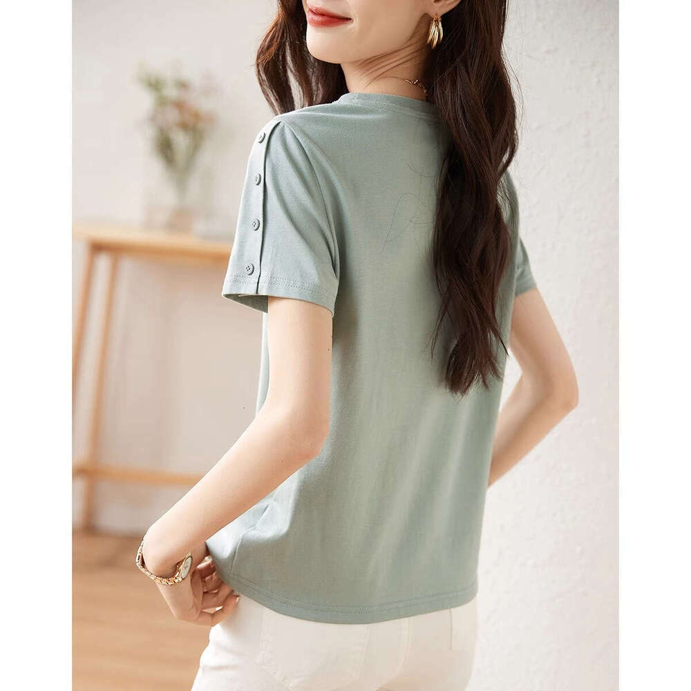 100% Cotton Mint Green Button Short Sleeve T-Shirt For Women Summer New Simple Fashion Commuter Solid Color Plus Size Top B5 h7