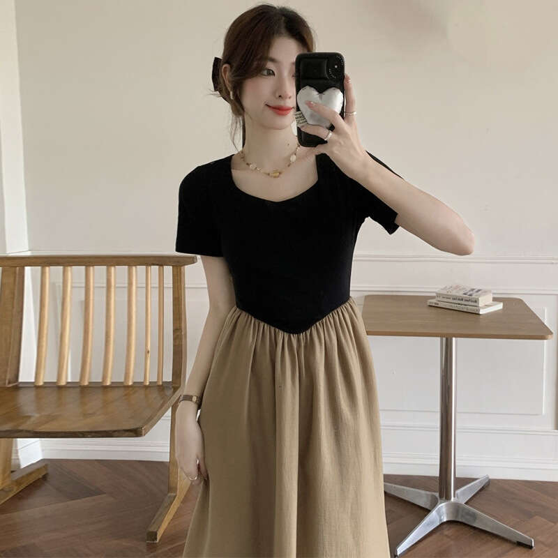 First Love For Women Summer New Unique Niche High-End Design Patchwork Waist-Slimming Dress B5