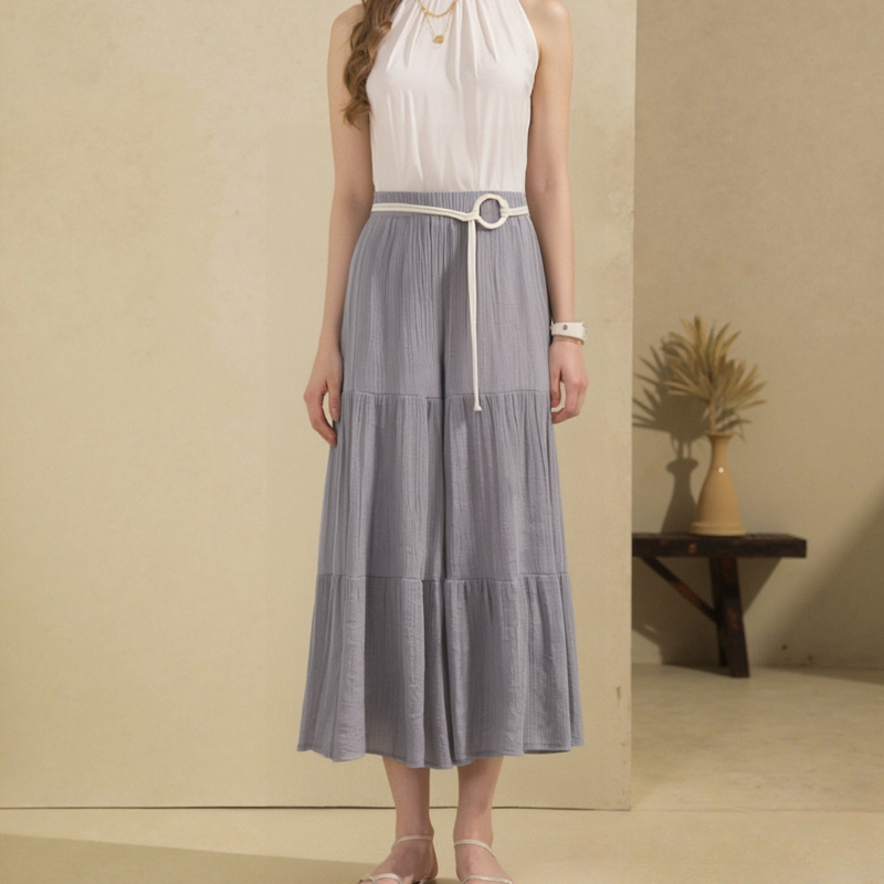 Versatile Cotton-Pleat Skirt Featuring Stylish Embroidery Detailing for Everyday Wear