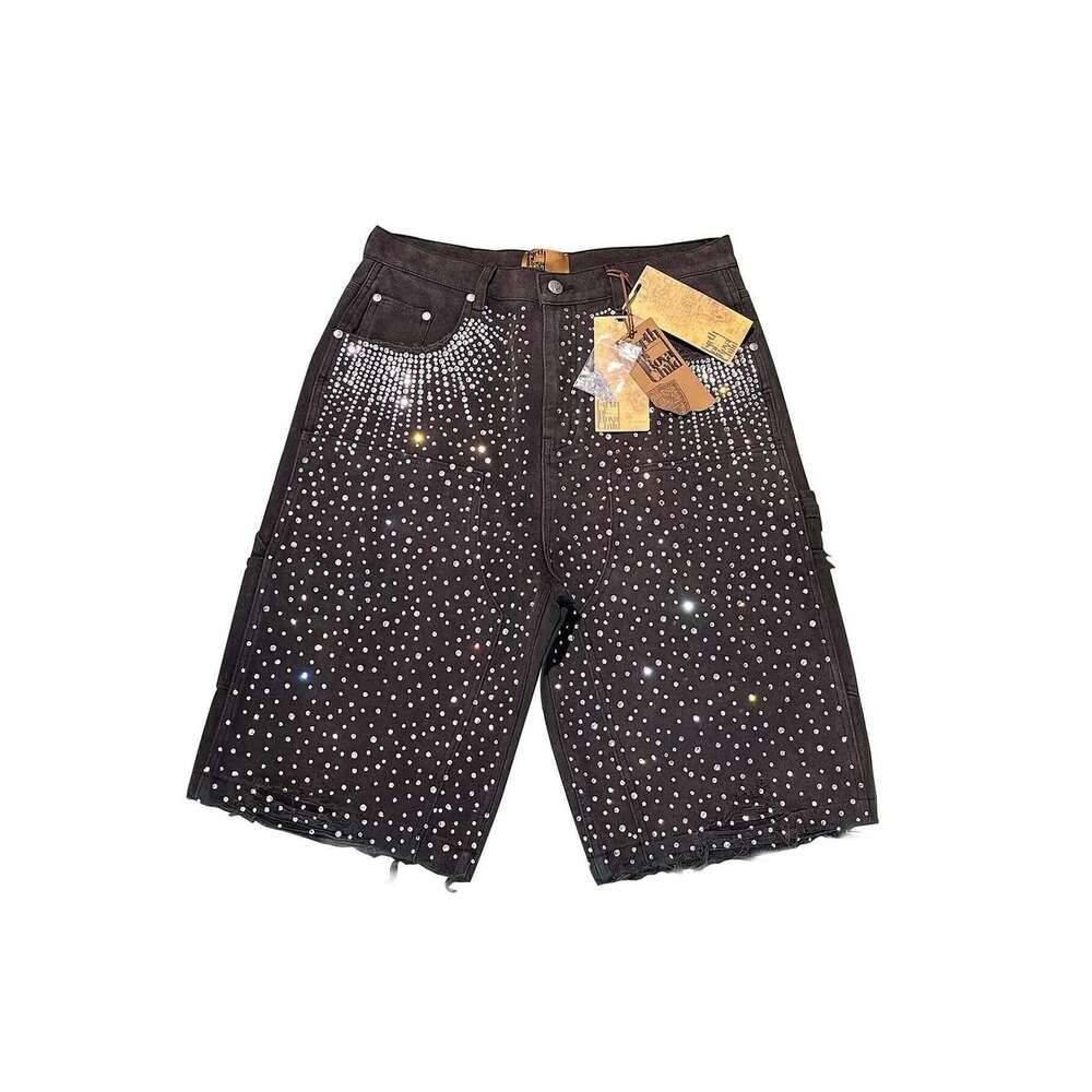 Streetwear Mens Vintage Rhinestone Sequin Y2K Jeans Hip Hop Baggy Denim Gym Casual Basketball Shorts