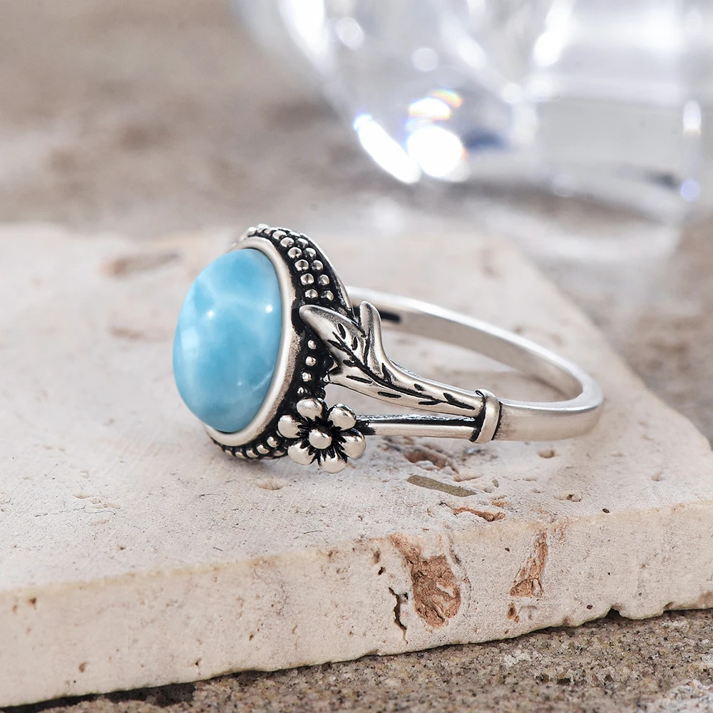 Silver 925 Vintage Rings Oval 8X10MM Larimar Natural Stone With Flower And Leaves Fine Jewelry For Women Men Gifts 250712