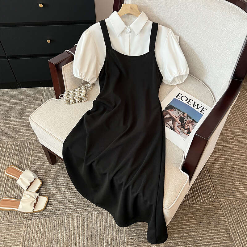 French Style Puff Sleeve Polo Shirt Strap Dress For Women Summer High-End Design Sense Niche Small Petite Two-Piece Set B5