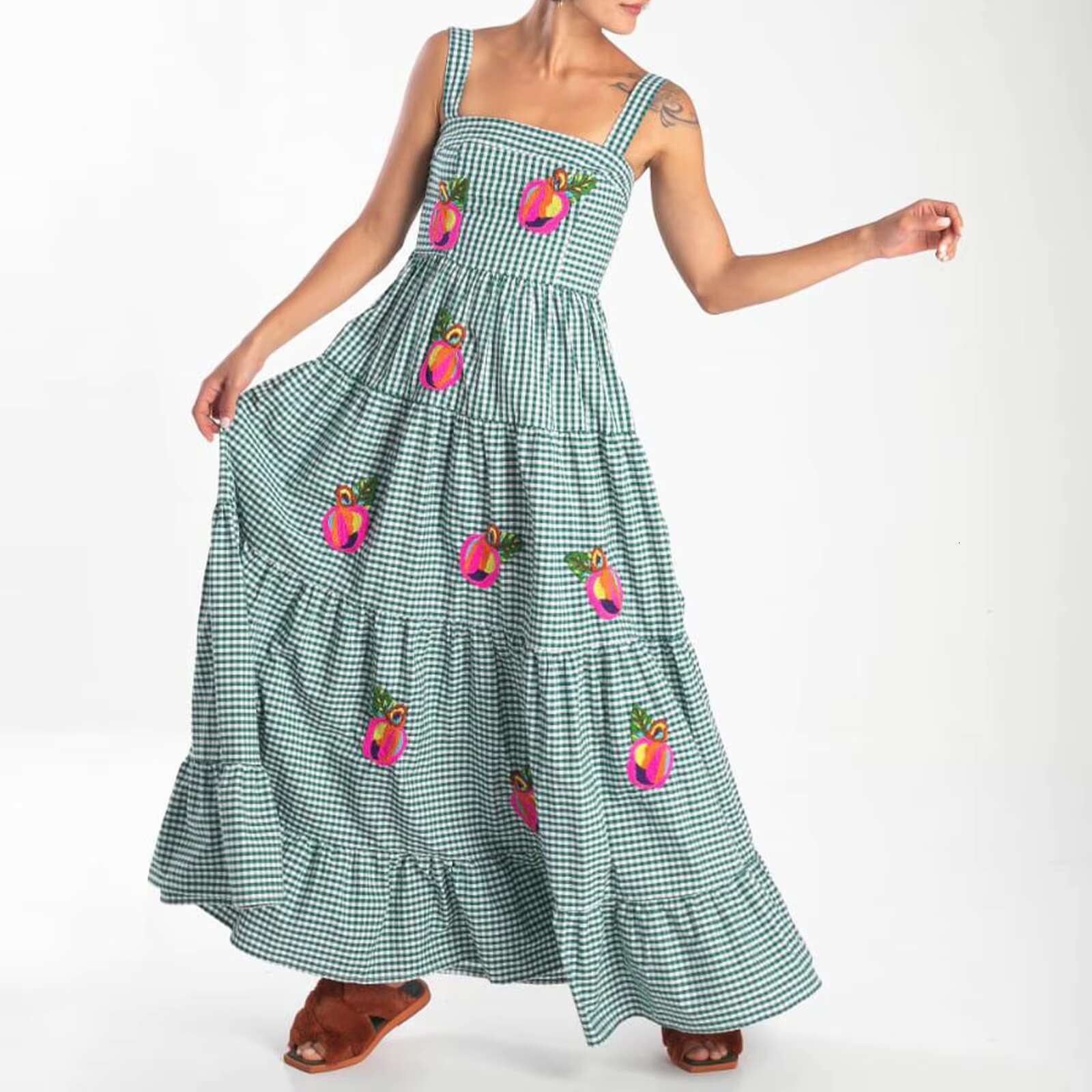 Imcute Women Cute Embroidered Beach Summer Boho Ruffle Long Spaghetti Strap Flowy Maxi Dress dongdumaoyi