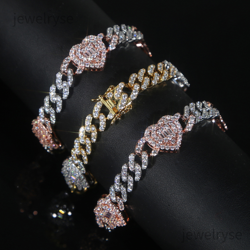 Iced Out Cubic Zirconia Heart Charm Bracelet Cuban Chain Gold Silver Color for Women Men Wedding Hip Hop Fashion Jewelry