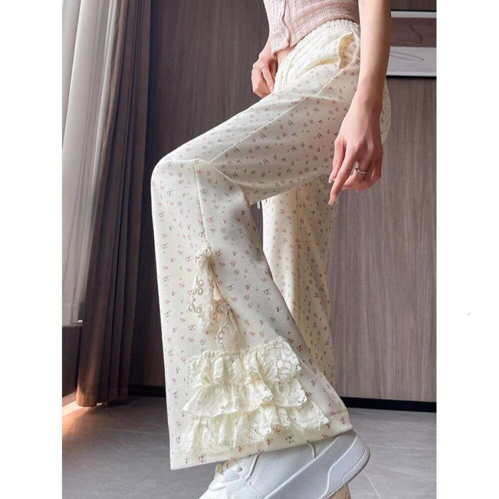 Summer New Lace Floral Flared Women Versatile Slimming Casual Bell Bottom Bowknot Wide Leg Long Pants B5