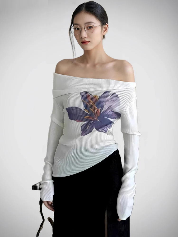 Trendix Knit Print Pullover For Women Summer Long Sleeve Asymmetric Top Ladies Party Sexy Off Shoulder Knitwear Flower Tops 250708