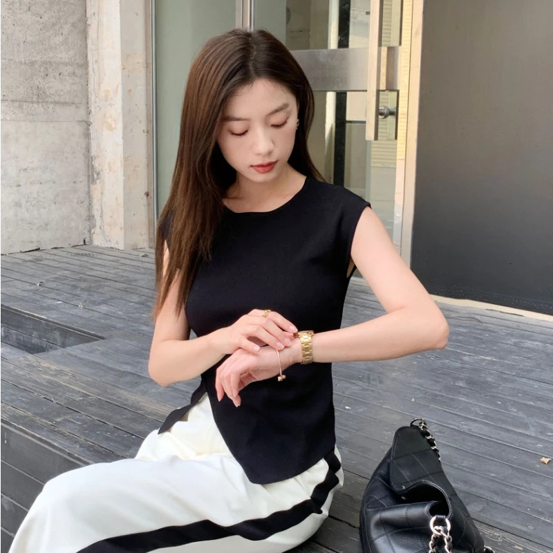 Viscose High Stretch Crewneck Slim Fit Ribbed Women Top SpringSummer Asymmetrical Hem Chic Tshirt Office Casual Knit Blouse 250708