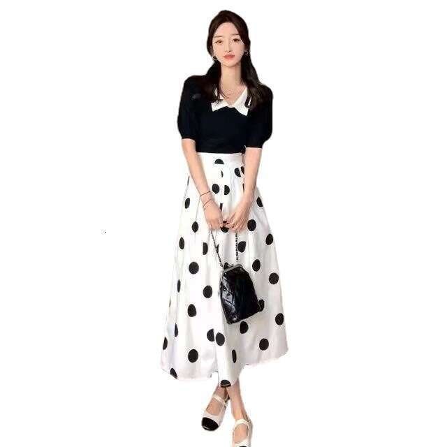 French Hepburn Style Elegant High-Waisted Slimming Polka Dot Skirt Puff Sleeve Top Two-Piece Set Dress B5