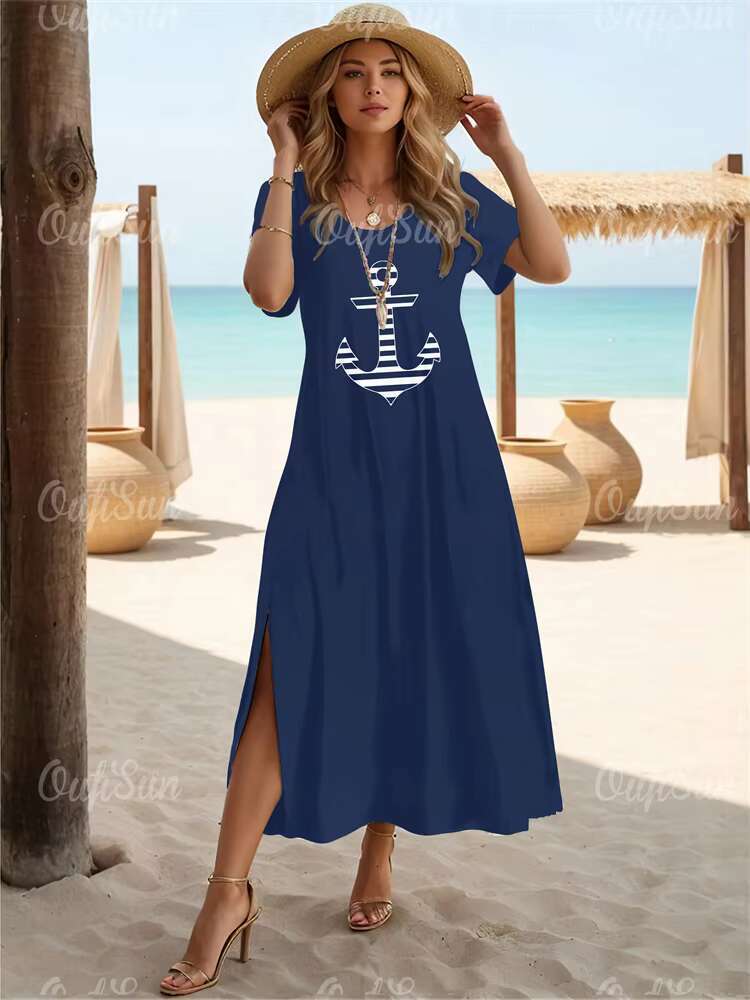 New Vacation Womens Anchor Print Elegant Midi Dresses Female Short Sleeve Dress Fashion Oversized Clothes Summer 2024 dongdumaoyi