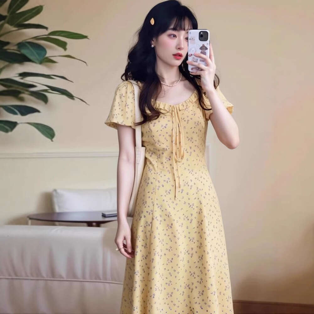 French Style Square Neck Puff Sleeve Yellow Floral Summer New Design Waist-Cinching Long Dress For Women B5