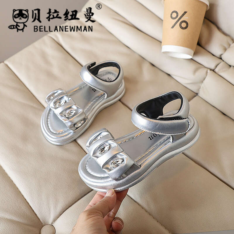Girls Fashion Rhinestone Princess 2025 Summer New Children's Silver Sports Sandals Big Kids Beach Shoes Trendy