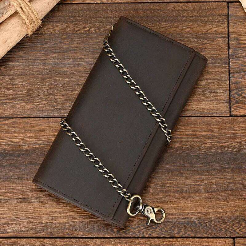 Genuine Leather Clip Multi Card Wallet With Iron Chain Wrist Men Purse For 6 Inch Mobile Phone Pouch Coins