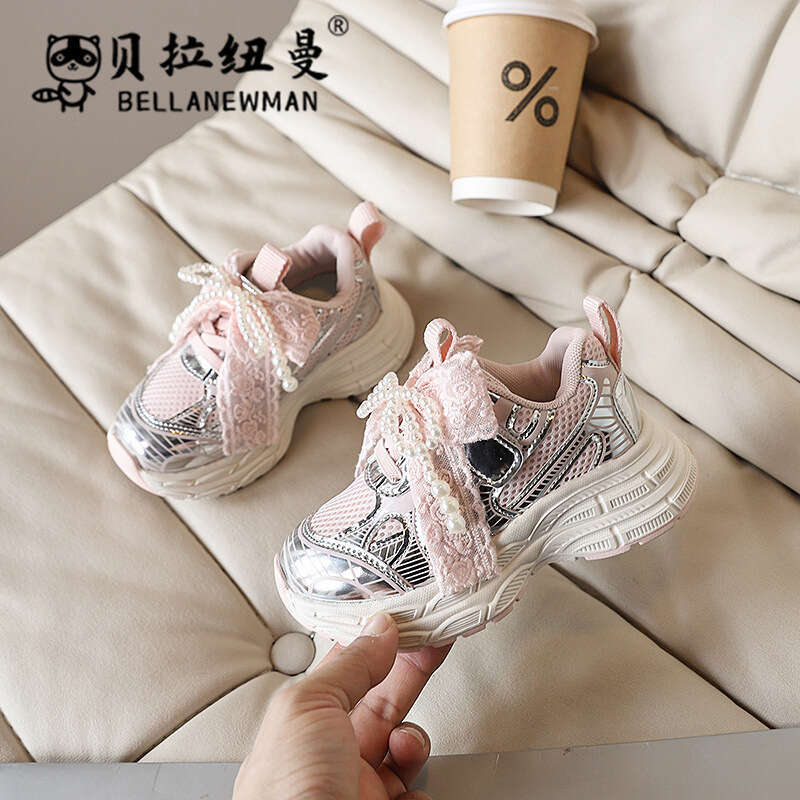 Girls' Fashion Lightweight Lace Bow Princess Sneakers 2025 Spring Autumn New Korean Style Children's Dad Shoes