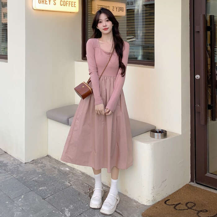 Autumn New Style Slightly Plump MM Tea Break French Chic Waist-Slimming Square Neck Hepburn Little Black Dress B5