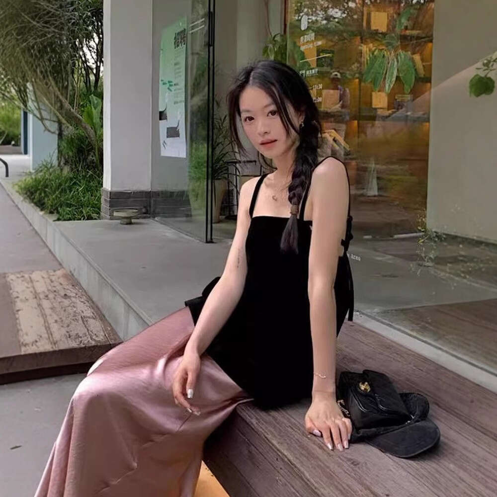 Black Strap Dress Summer New Women's Design Sense Versatile Loose Slimming Elegant Tank Top B5