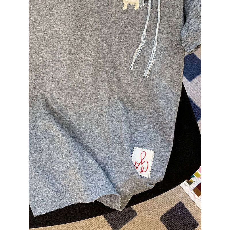 European Heavy Industry Rhinestone Gray Short Sleeve Pure Cotton T-Shirt For Women Summer New Loose Design Sense High-End Women's Clothing B5