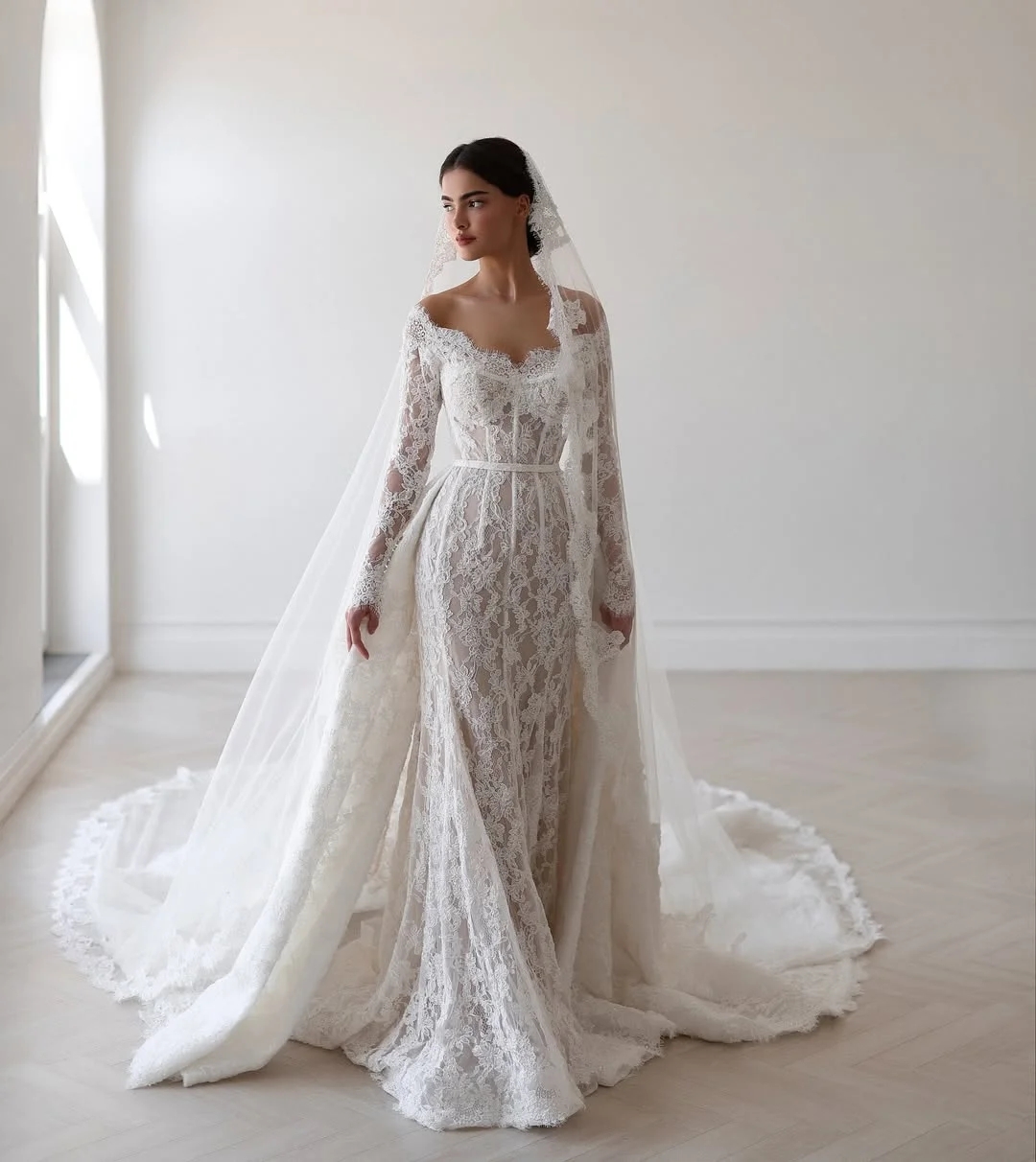 2025 Elegant Mermaid Church Wedding Dress With Detachable Train V Neck Lace Appliques Long Sleeve Bride Bridal Gowns Vestidos De Novia Mariage
