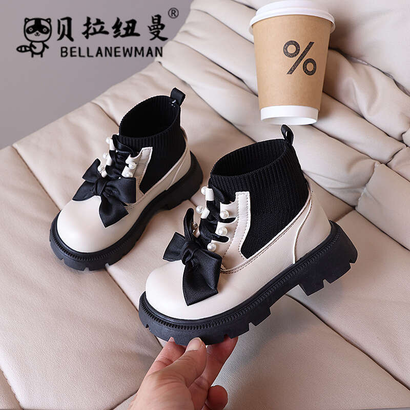 Girls' Bowknot Sock Princess 2024 Autumn New Korean Style Children's Fashion Short Boots for Older Kids