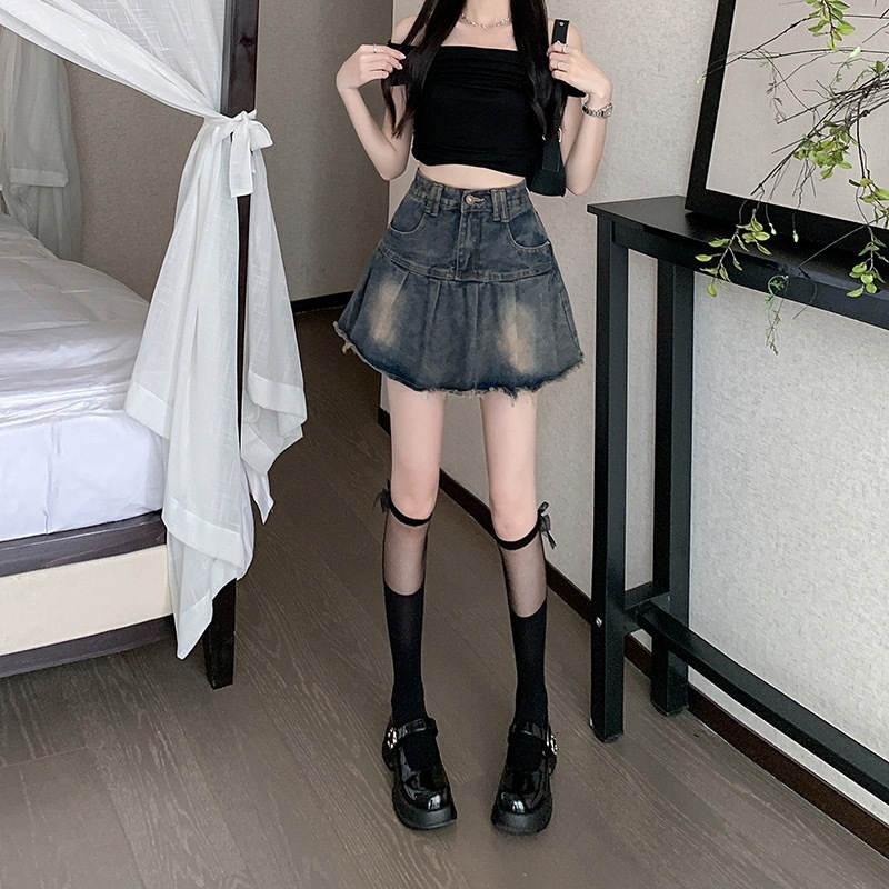 New Women's Skirt Summer Retro Outdated Style with Wrinkled Cowboy Skirt at the Bottom, Women's New Spicy Fold Skirt High Waist A-line Short