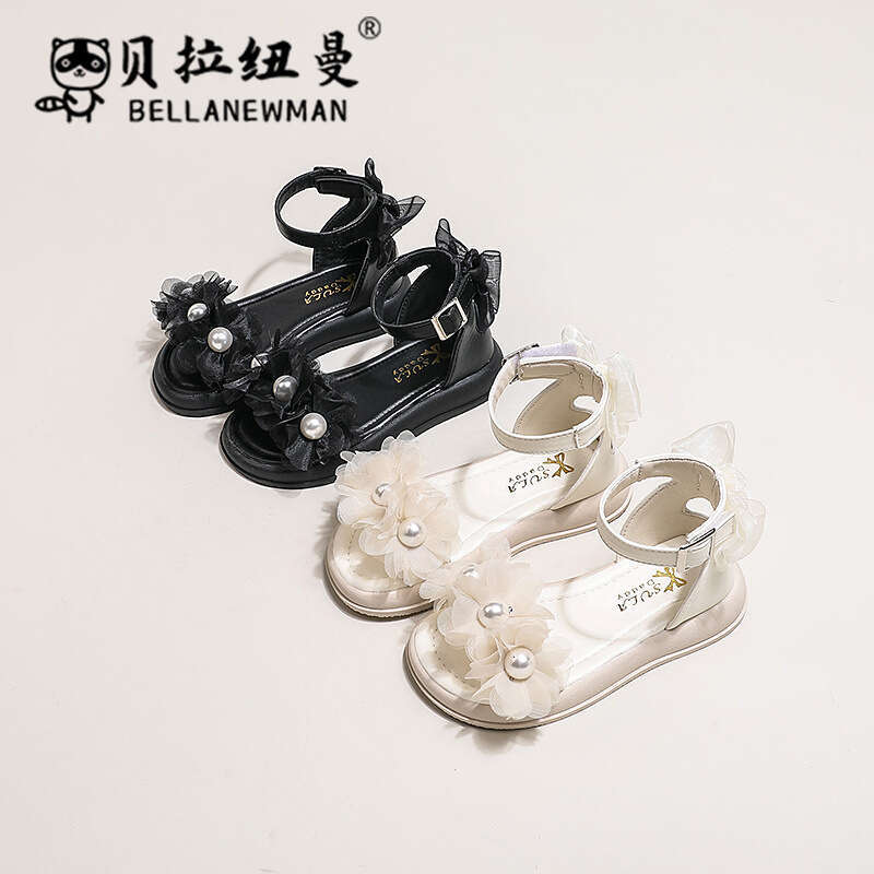 Girls' Fashion Pearl Princess Sandals 2024 Summer New Children's Open-Toe Beach Little Girl Roman Shoes