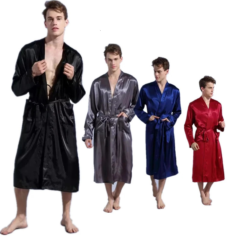 Mens Satin Kimono Robe Silky Long Bathrobe Pockets Lightweight Loungewear Men Dressing Gown Wedding Party 250710