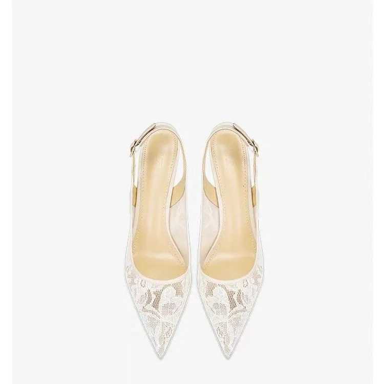 Designer White Women Wedding Pumps Mesh Embroidered Flowers Back Strap Sexy Slingback High Heel Dress Shoes for Ladies Z250714