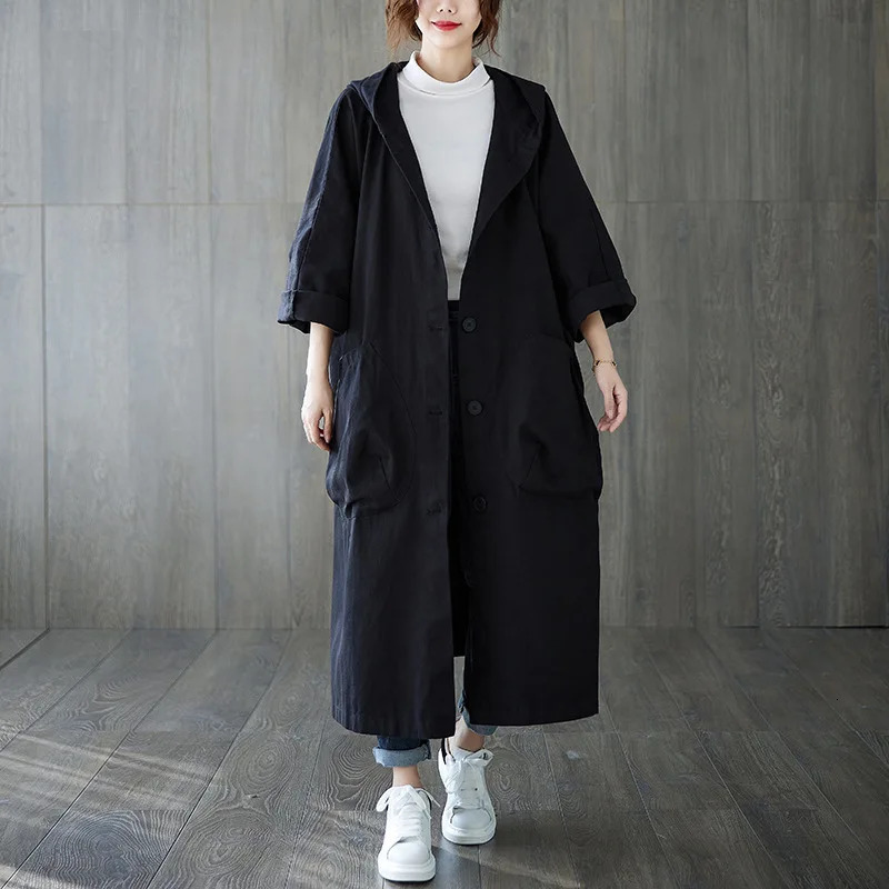 Women Hoodie Long Trench Coats Autumn Long Sleeve Loose Solid Color All Match Hoody X-Long Button Cardigans Outwear GGFS-005 250708