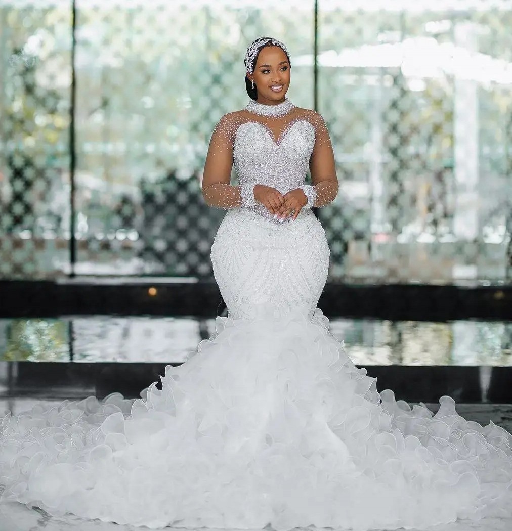 2025 Sparkly Mermaid African Wedding Dress High Neck Crystals Beads Illusion Long Sleeves Ruffles Train Organza Church Bridal Gowns For Bride Vestidos