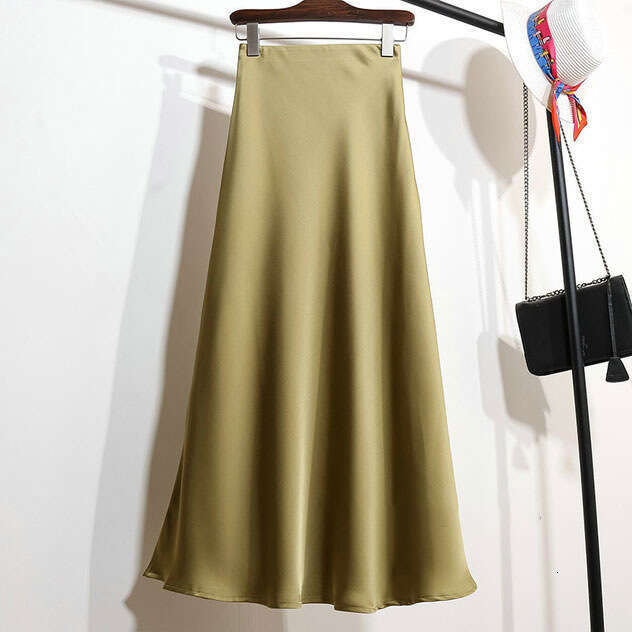High-End Elegant Champagne Color Imitation Acetate Satin A-Line Spring Autumn Women New Style Half Long Skirt B5 h7