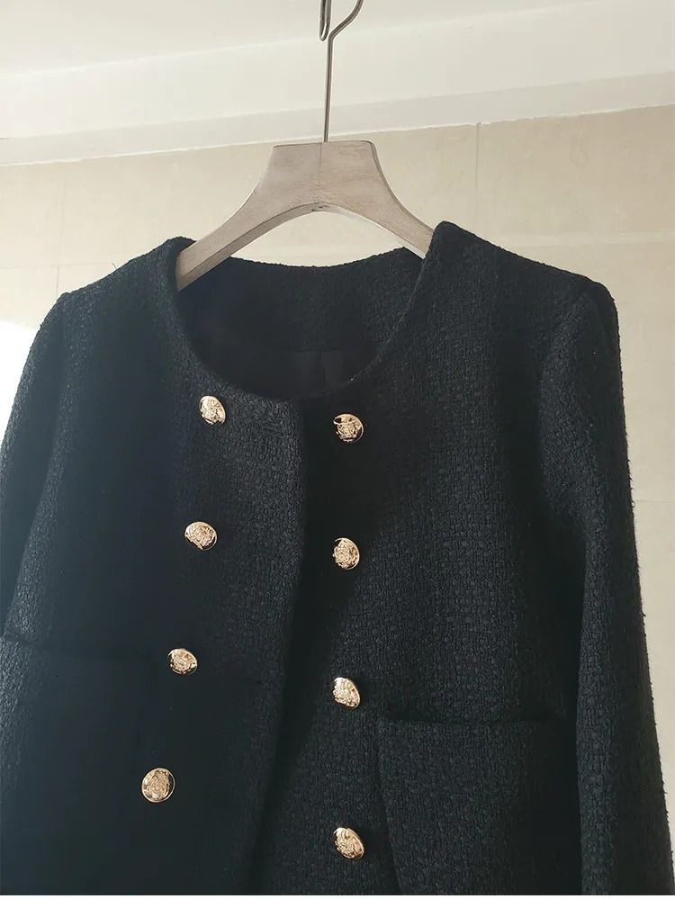 White Tweed Woolen Women Jackets Coat Blazer Autumn Winter 2025 Double Breasted Pointed Collar with Button Blazers Jacket 250709