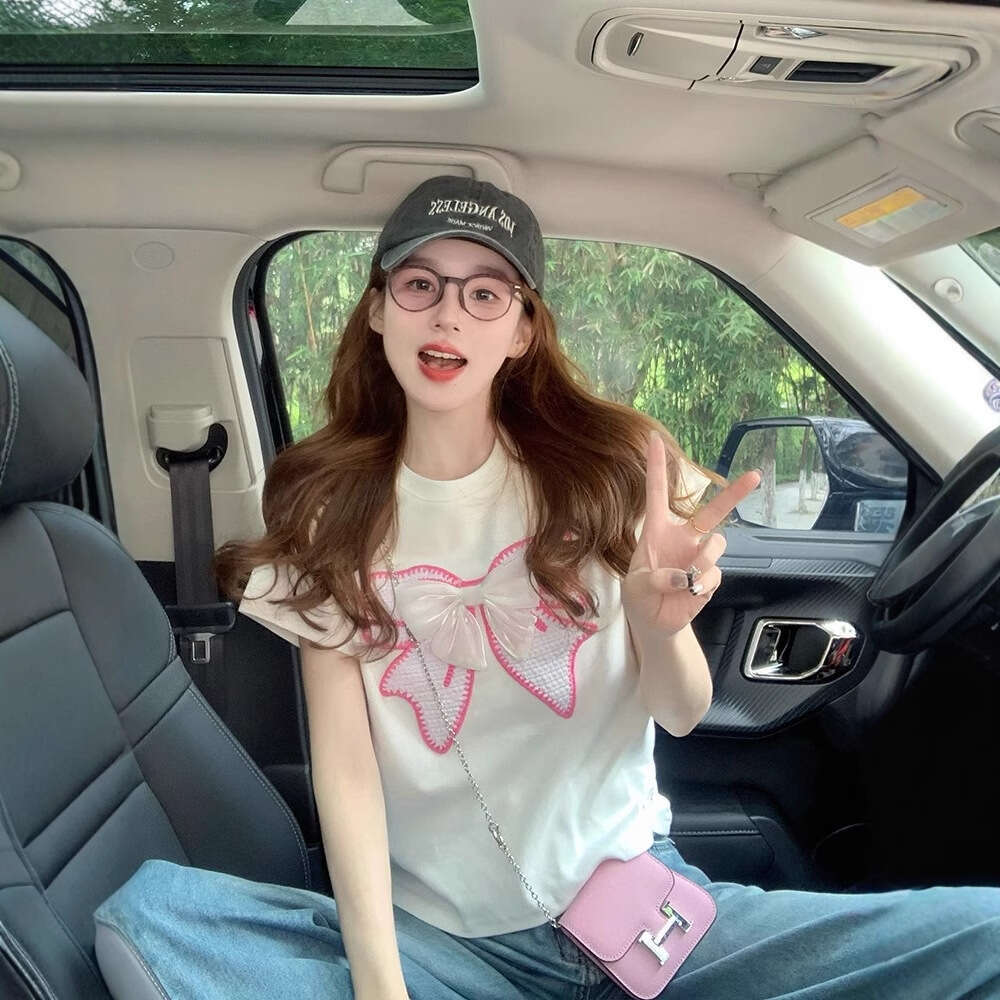 Sweet Style White Bowknot Off-Shoulder Short Sleeve T-Shirt For Women Summer New Loose Casual Youthful Design Top B5 h7