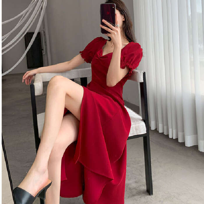 Square Neck Puff Sleeve Slit Black Women's Summer New French Design Sense Niche Long Dress B5