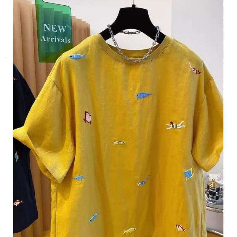 White Animal Embroidery Round Neck Short Sleeve T-Shirt For Women Summer New Loose Casual Korean Style Top B5