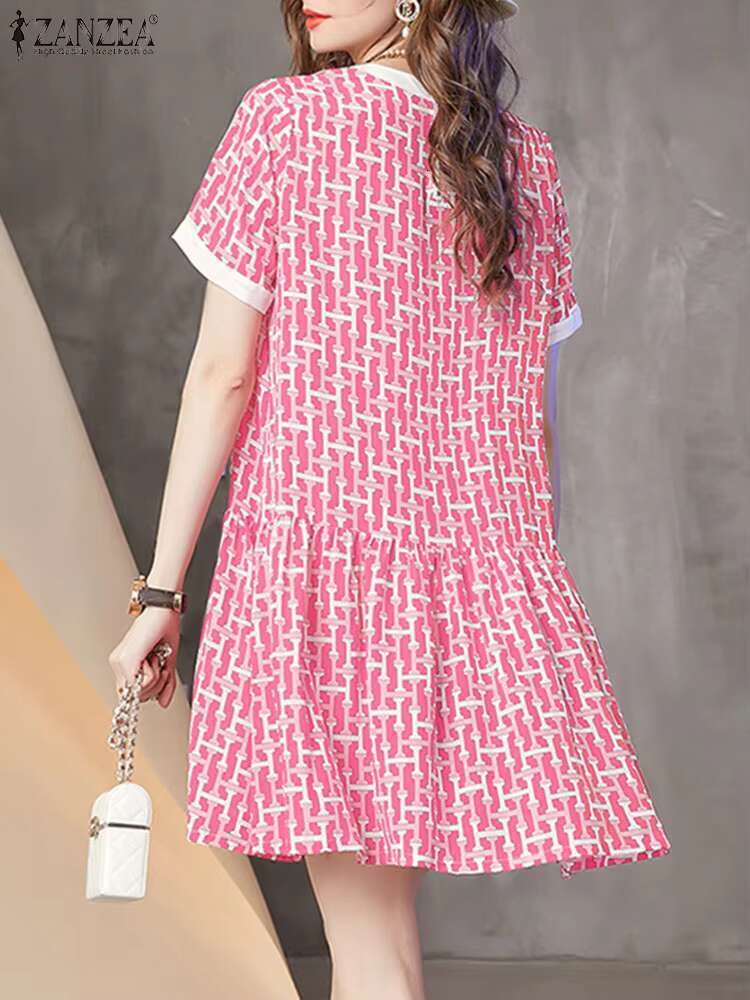 Elegant Short Sleeve Holiday Sundress 2024 ZANZEA Summer Fashion Printed Knee-length Dress Women Robe Femme Party Work Vestido dongdumaoyi