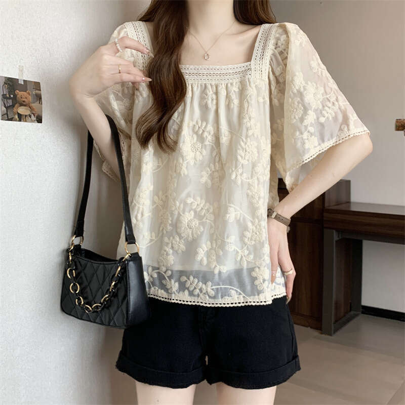 Plus Size French Style Mesh Lace Short Sleeve T-Shirt For Women Summer New High-End Fashionable Versatile Sweet Top B5