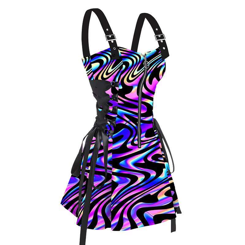 Dressfo 2025 Womens Sexy Sleeveless Dresses Shiny Butterfly Print Lace Up Half Zipper Buckle Strap Mini Dress Vestidos dongdumaoyi
