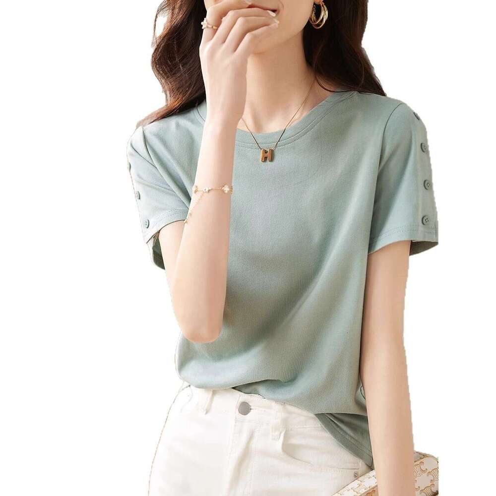 100% Cotton Mint Green Button Short Sleeve T-Shirt For Women Summer New Simple Fashion Commuter Solid Color Plus Size Top B5 h7