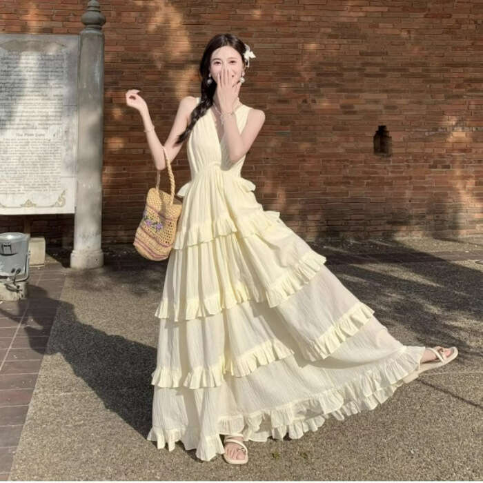 Strap For Women Spring Summer New Elegant Apricot High Waist Petite Sleeveless High-End Cake Long Dress B5