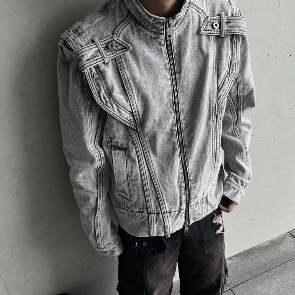 American High Street Fashion Retro Y2k Coat Spring And Autumn Motorcycle Heavy Industry Stitching Washed Denim Jacket Men 250708