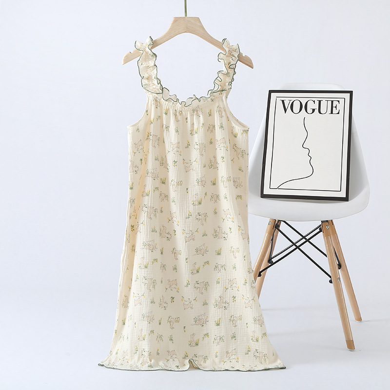 B907-Summer suspender pajamas women's mid-length sleeve nightdress thin summer home dress