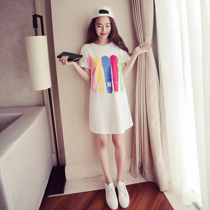 L895 Summer new Korean version loose printed round neck student short-sleeved T-shirt female mid-length dress female