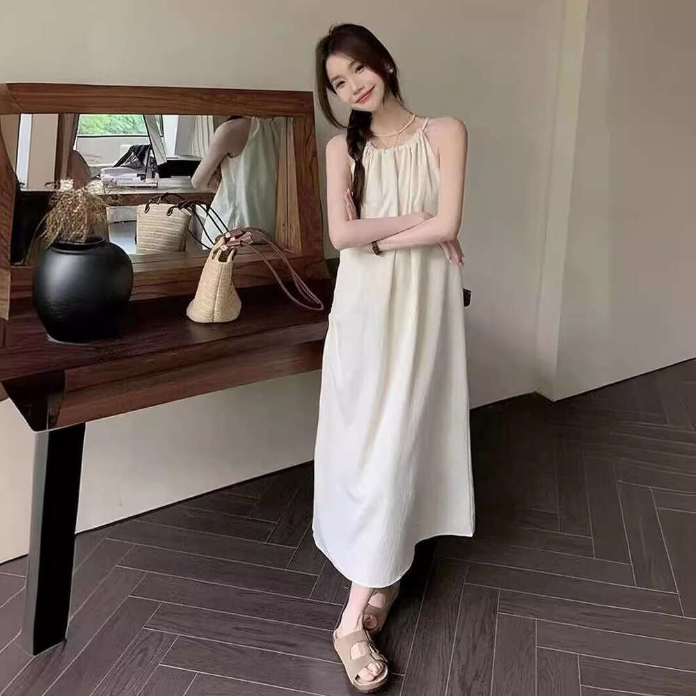 French Style Spaghetti Strap Fairy Summer Sweet Fresh White Beach A-Line Loose Sleeveless Long Dress B5