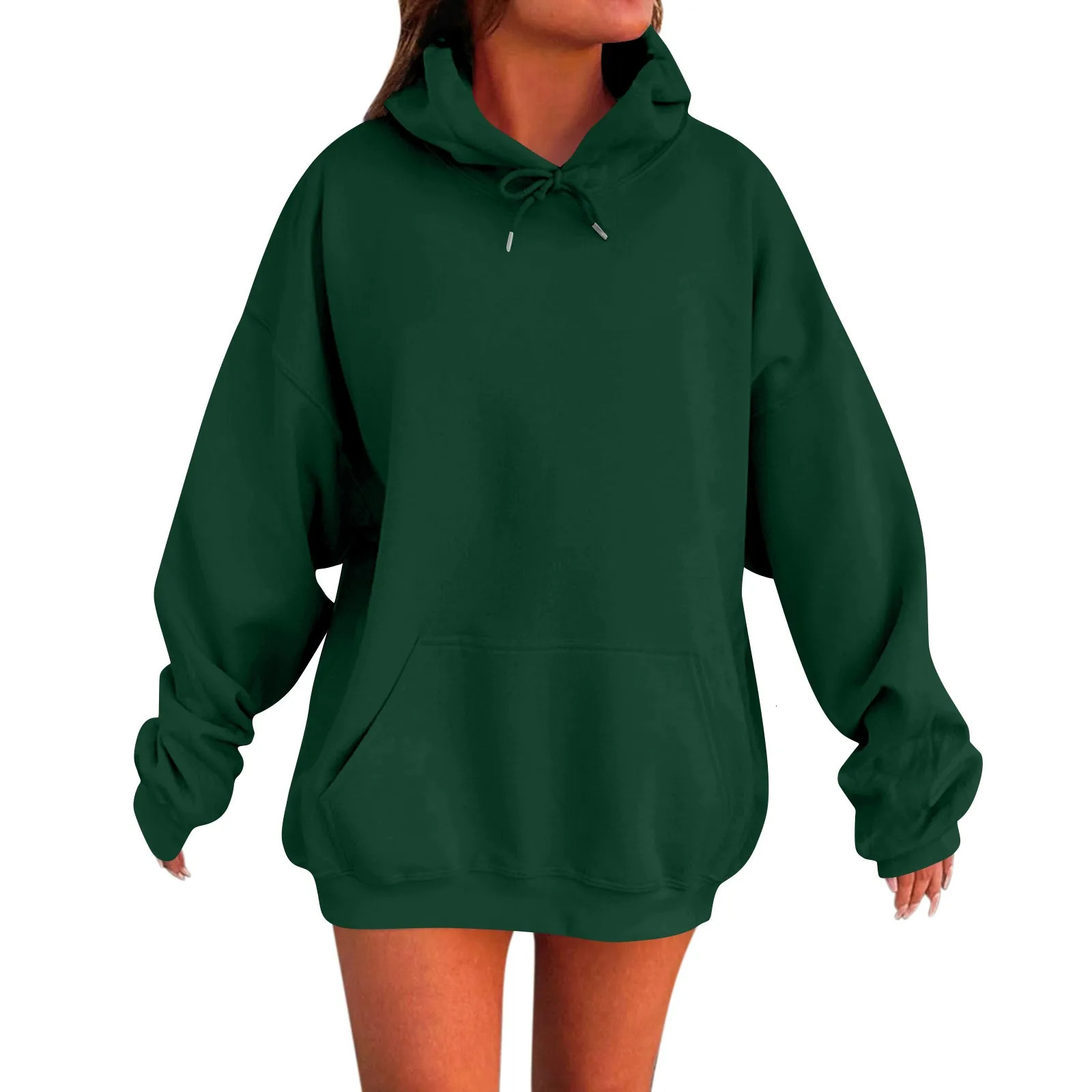 2024 Womens Long Sleeve Oversized Autumn Drop Shoulder Sleeves Hooded Plush Solid Loose Casual Sweatshirt 250707