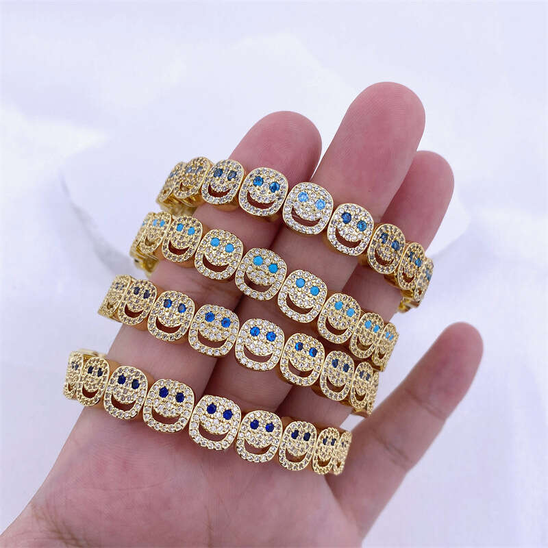Personalized Hip-Hop Style Micro-Inlaid Smiley Face Elastic Copper Color Zircon Trendy Expression Bracelet for Couples