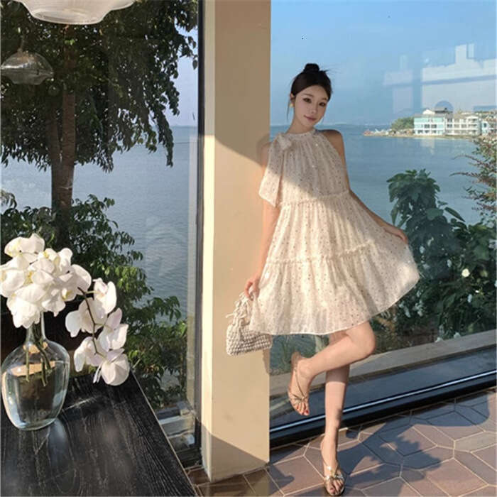 Gentle Style Lace-Up Halter Fairy For Women Summer New Fashion Sleeveless Sequin Doll Dress B5